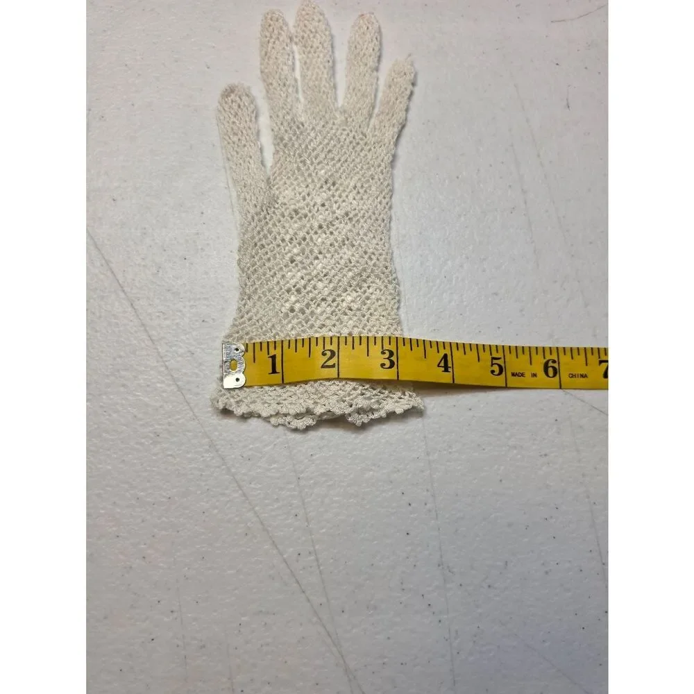 Vintage Crochet Lace Gloves Beaded with Rose Accent See Through